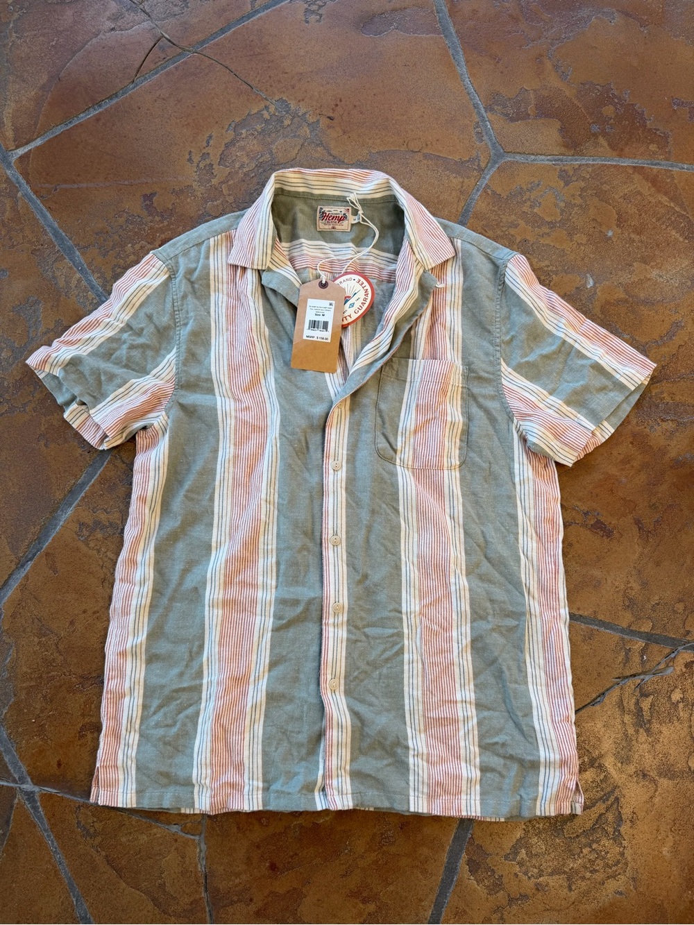 Faherty Hemp Blend Short Sleeve Camp Collar Striped Button-Up Shirt Men's M